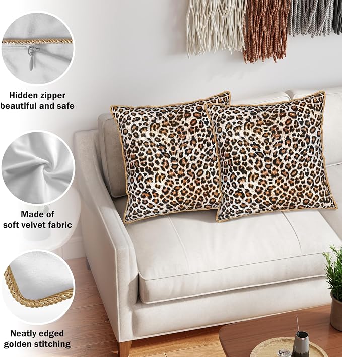 KSLIDS Leopard Print Faux Fur Soft Velvet Throw Pillow Covers Set of 2 Brown Black Cheetah Decorative Pillow Covers 18x18 Inch Animal Pillow Case for Sofa Couch Bedroom Farmhouse Home Decor