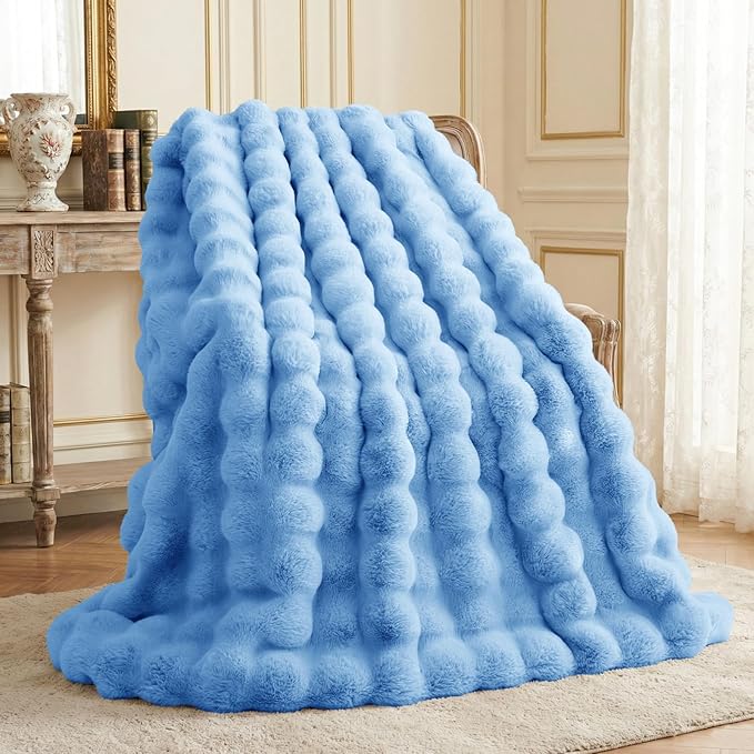 L'AGRATY Faux Rabbit Fur Throw Blanket for Couch, 50'' x 60'', Airy Blue | Soft Cozy Bubble Fluffy Blanket for Sofa Bed, Thick Warm Plush Fuzzy Throw for Room Home Decor, Luxury Gift for Women Mom