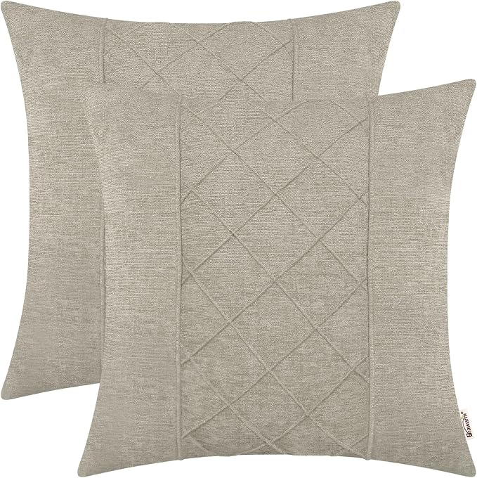 BRAWARM Chenille Throw Pillow Covers 18x18 Inches, Taupe, 2 Pack | Decorative Pleated Pillow Covers, Soft Cushion Cases for Sofa Bed Living Room Home Farmhouse (No Insert)