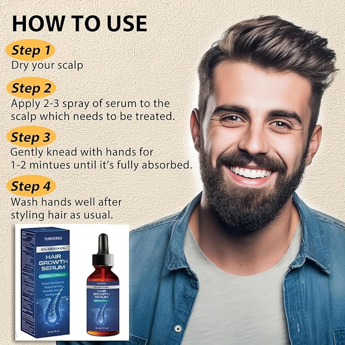 Hair Growth Serum, 5% Minoxidil, With Biotin & Glycerin, for Men's Beard & Women's Hair Regrowth, Anti Hair Loss Treatment, Make Hair Stronger Thicker Longer, 1 fl oz (30 ml)