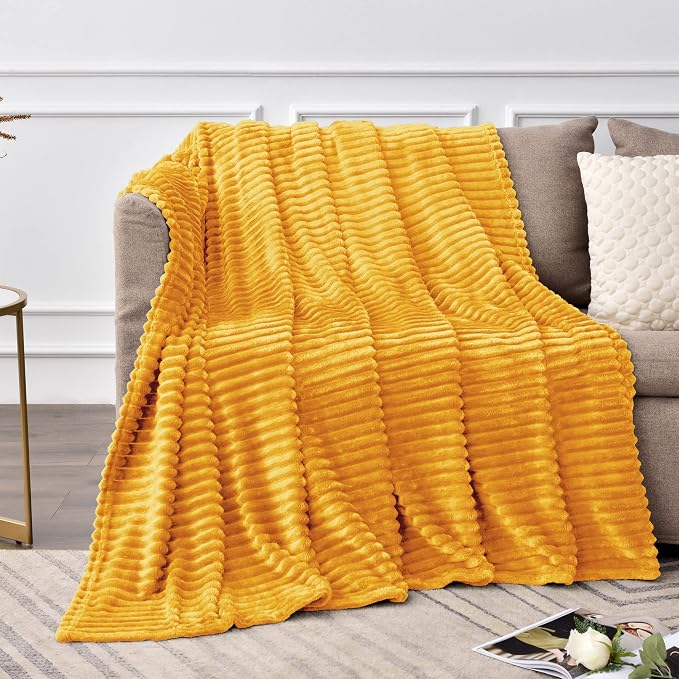 BEDELITE 3D Ribbed Mustard Yellow Fleece Twin Blanket for Bed, 60x80 Inch | Soft Warm Decorative Fluffy Blanket, Cozy Plush Lightweight Fuzzy Throw Blanket for Couch Sofa Room Decor, Gift for Women