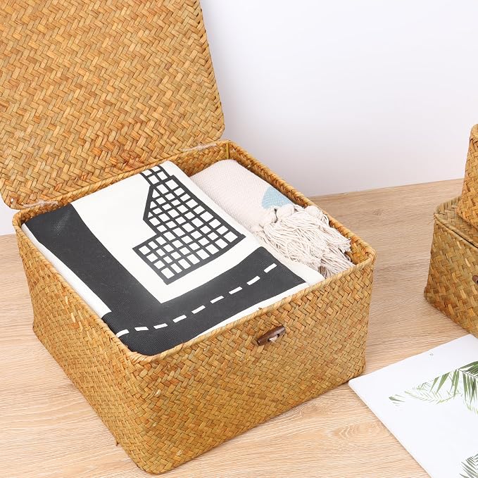 Moosky Wicker Shelf Baskets with Lid, Handwoven Seagrass Storage Basket Bins Square Gift Boxes for Shelves Home Decor Organizer (Natural, Medium)