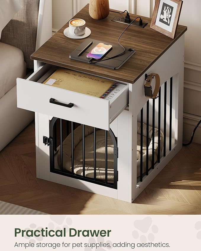 CHOEZON Dog Crate Furniture, Wooden Dog Kennel with Charging Station and Storage Drawer, Indoor Pet Crate End Table for Small Breeds, Dog Cage for Living Room, Bedroom, White and Walnut MGW01UWL