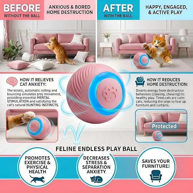 Interactive Cat Toy Ball - Automatic Interactive Cat Toys for Indoor Cats, Rechargeable Cat Enrichment Toys for Small/Medium/Large Cats to Keep Them Busy