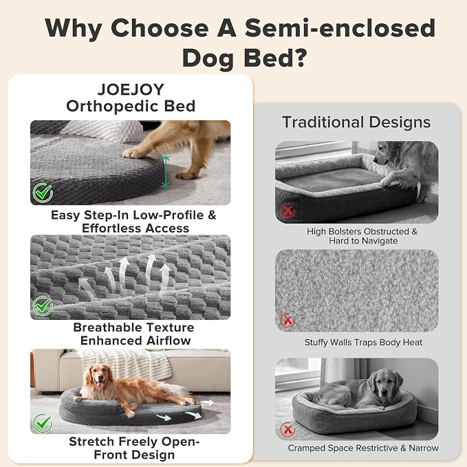 JOEJOY Orthopedic Dog Bed Medium Size Dogs, Waterproof Washable Oval Dog Beds with Removable Cover, Egg-Crate Memory Foam Pet Bed with Bolster Sides & Non-Skid Bottom, Dark Grey, 28''x20''