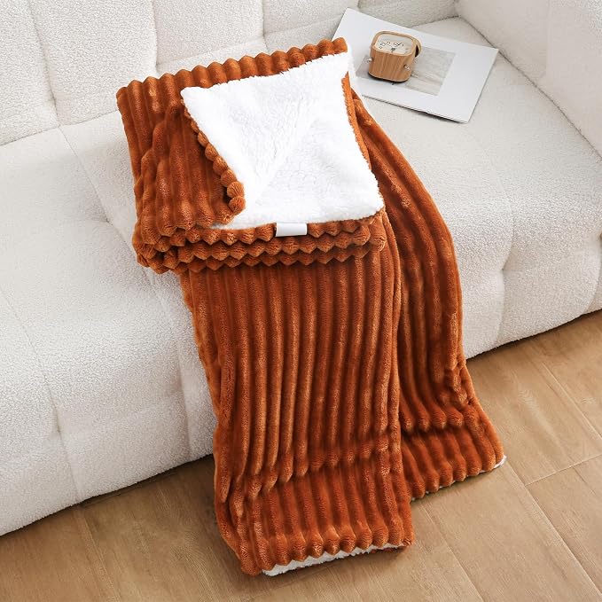 Burnt Orange Sherpa Fleece Throw Blanket 108”×90”for Couch Sofa | Double Side Soft Fuzzy Cozy Plush Thick Flannel Blanket with Striped Design Gift for Adults,Woman