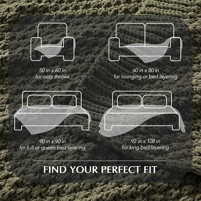 EVERGRACEHOME Chunky Chenille Knit Throw Blanket, 50 x 60, Olive Green | Sculpted Moss Stitch, Chic Modern Farmhouse, All-Season Warmth, OEKO-TEX® Certified, Elegant Blanket for Couch, Bed, Sofa