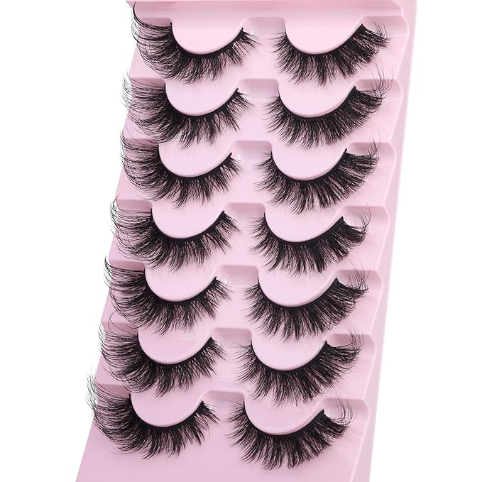 EYDEVRO False Eyelashes Fluffy Lashes D Curl Faux Mink Lashes Cat Eye Lashes Wispy Fake Lashes Fox Eye Manga Lashes Volume Strip Lashes 7 Pairs Pack