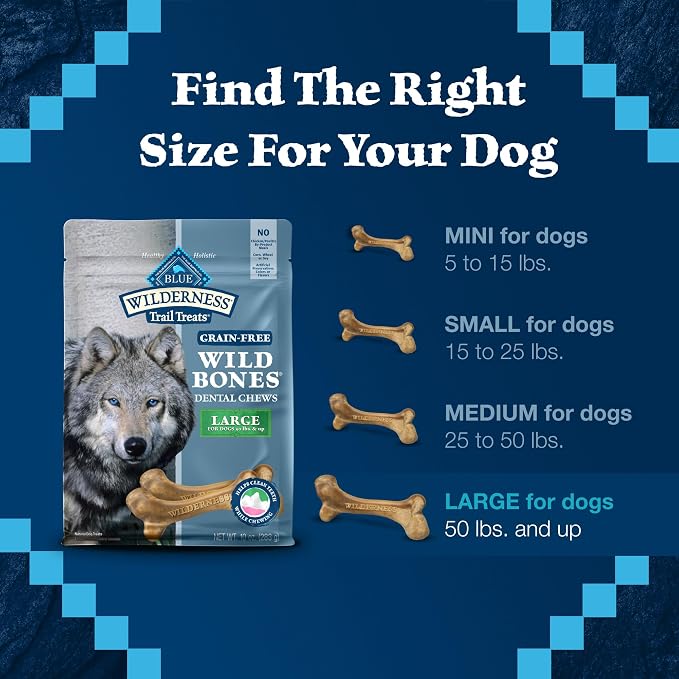 Blue Buffalo Wilderness Large Dog Dental Chews, Grain-Free, 10 oz | Reduces Tartar & Plaque, Freshens Breath, Sized for Dogs 50 lbs. and Up, No Artificial Preservatives