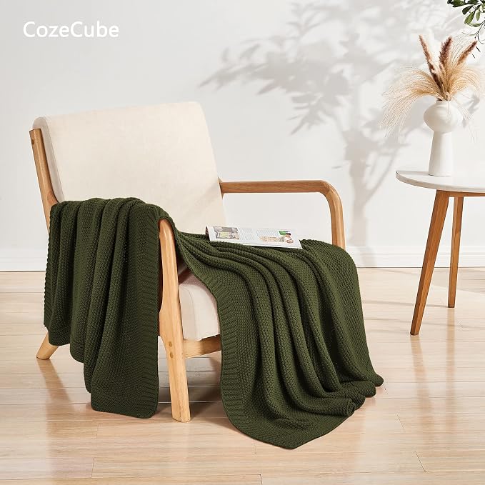 CozeCube Olive Green Seed Stitch Throw Blanket 60"x80", Farmhouse Decor | Blanket for Couch, Soft Cozy Cable Knit Throw for Bed Sofa Living Room, Lightweight Warm Decorative Christmas Blanket