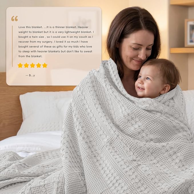 PHF 100% Cotton Waffle Weave Blanket King Size, Lightweight Breathable Summer Blanket for Hot Sleepers, Pre-Washed Soft Layer for Bed, Couch, Home Decor Gift, 108"x90", Light Grey