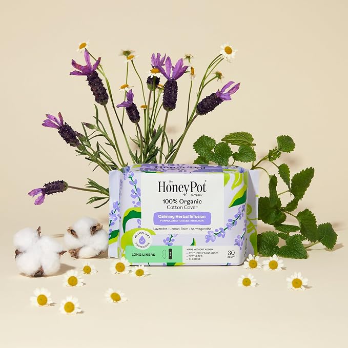 Honey Pot - Calming Long Panty Liners for Women - 100% Organic Cotton Top Sheet - Feminine Care - Non Cooling - Calming Herbs of Lavender, Ashwagandha, & Lemon Balm - 120ct