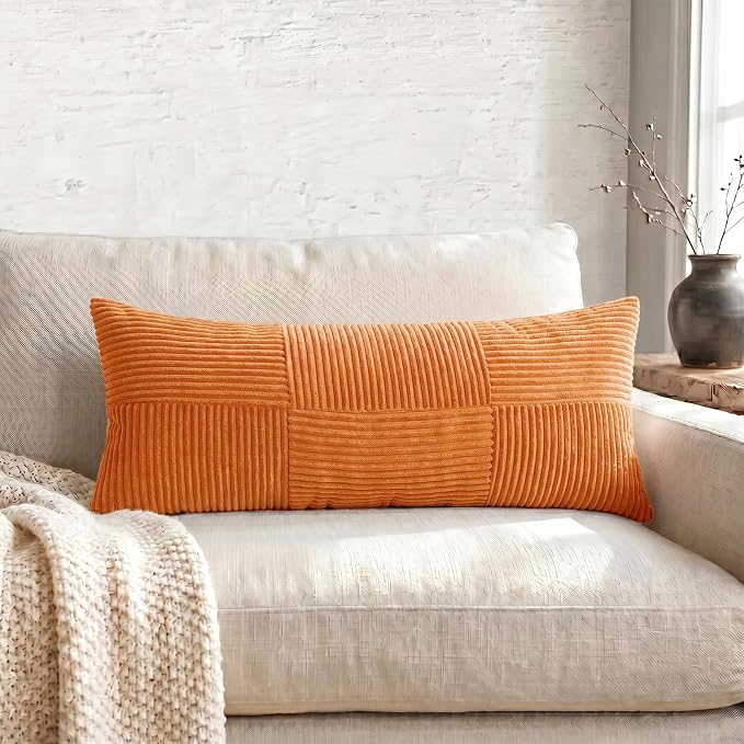 Fancy Homi Set of 1 Orange Boho Long Lumbar Body Decorative Throw Pillow Cover 21x54 Inch for Bed Couch Bedroom Bench, Soft Patchwork Corduroy Textured Pillow Case, Rustic Farmhouse Room Decor