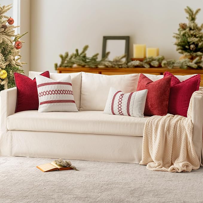 MIULEE Decorative Lumbar Throw Pillow Covers 12x20 Inch Red 2 Pack | Farmhouse Pillow Covers with Stitched Edge, Soft Chenille Cushion Cases, for Couch Sofa Bed Living Room Home Decor