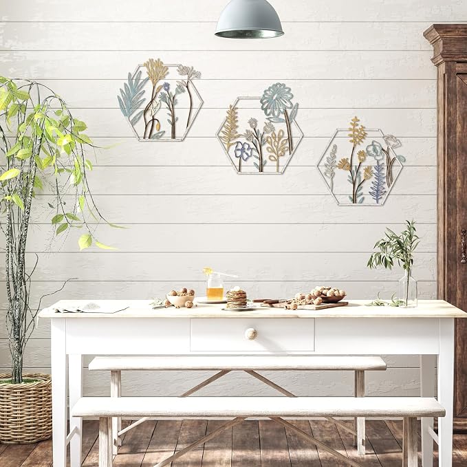 Peryiter 3 Pcs Metal Flower Wall Decor Minimalist Floral Wall Hanging Decor Floral Metal Rustic Flower Art for Summer Living Room Bathroom Kitchen Indoor Outdoor(Beige Gold)
