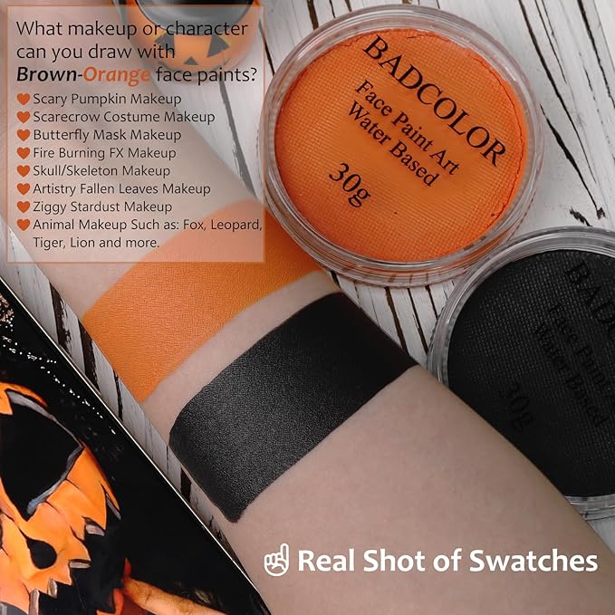 Black Orange Face Body Paint with Brushes for Pumpkin Halloween Makeup, Water Based Face Painting Kit Non-Toxic for Kids Adults Party, Facepaint for Scarecrow Clown Tiger Lion Costume Cosplay Make-Up
