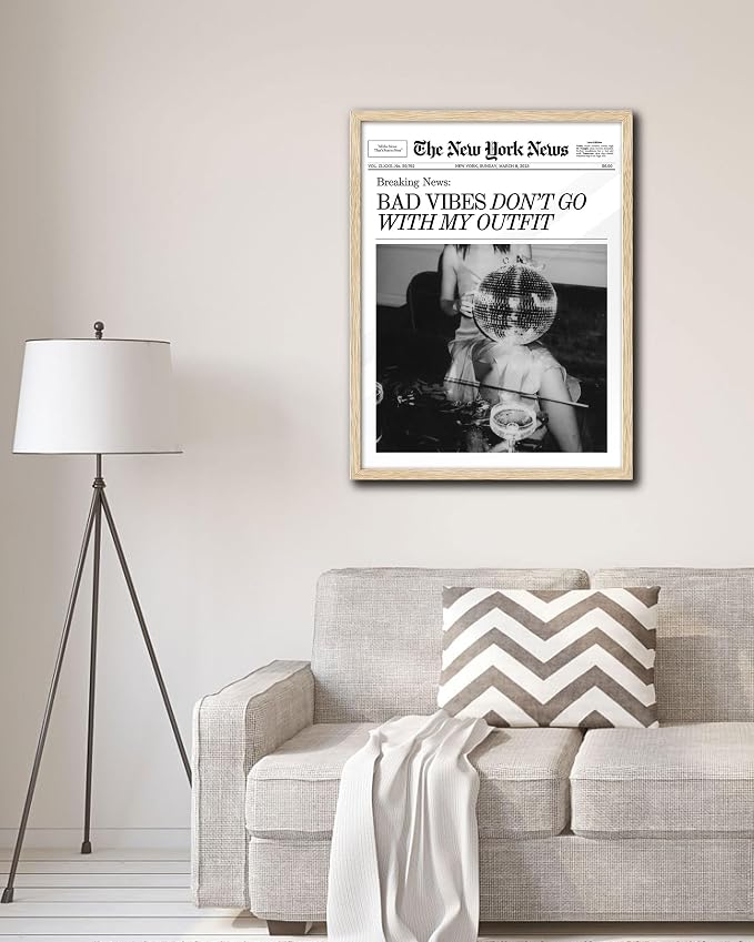 EcoHest 16x20 in Bad Vibes Don't Go With My Outfit Framed Wall Art | Solid Oak Wood Frame, Canvas Wall Art, Disco Fashion Newspaper Wall Decor for Bedroom, Apartment, Dorm, College Room, 1Pack