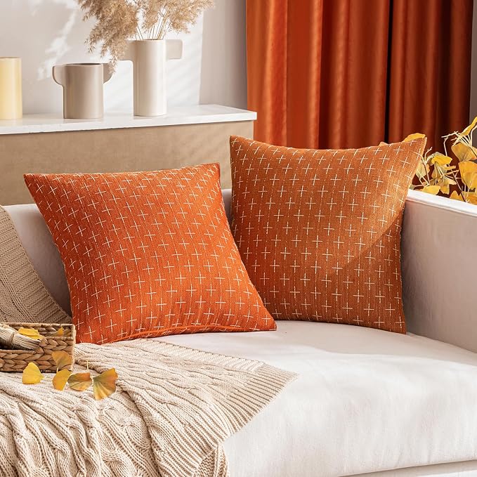 MIULEE Pack of 2 Decorative Burlap Linen Throw Pillow Covers Modern Farmhouse Pillowcase Rustic Woven Textured Cushion Cover for Sofa Couch Bed 20x20 Inch Burnt Orange