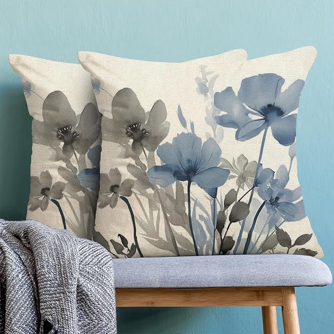 Spring Floral Pillow Covers 18x18 Inches Set of 2 Gray Blue Floral Throw Pillow Covers Outdoor Rustic Summer Flower Decoration Pillowcase Farmhouse Decorative Cushion Cover For Home Sofa Couch