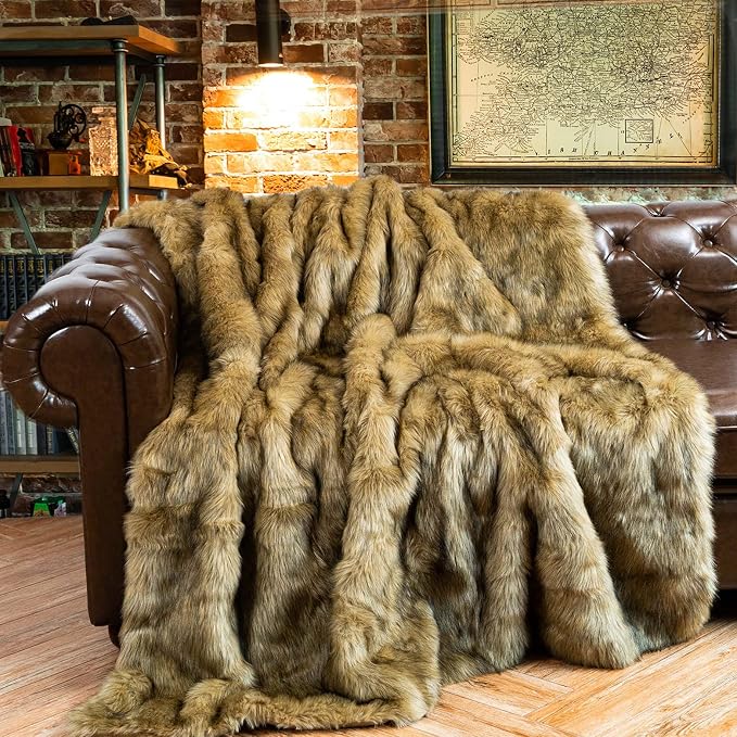 BATTILO HOME Luxury Golden Faux Fur Blanket, 60"x 80" Large Fur Throw Blankets for Bed, Couch, Soft Warm, Fuzzy, Fluffy, Golden with Back Tipped Blanket, Reversible to Plush Velvet | Luxury Soft Cozy Plush Elegant Furry Fluffy Large Faux Fur Blanket fo...