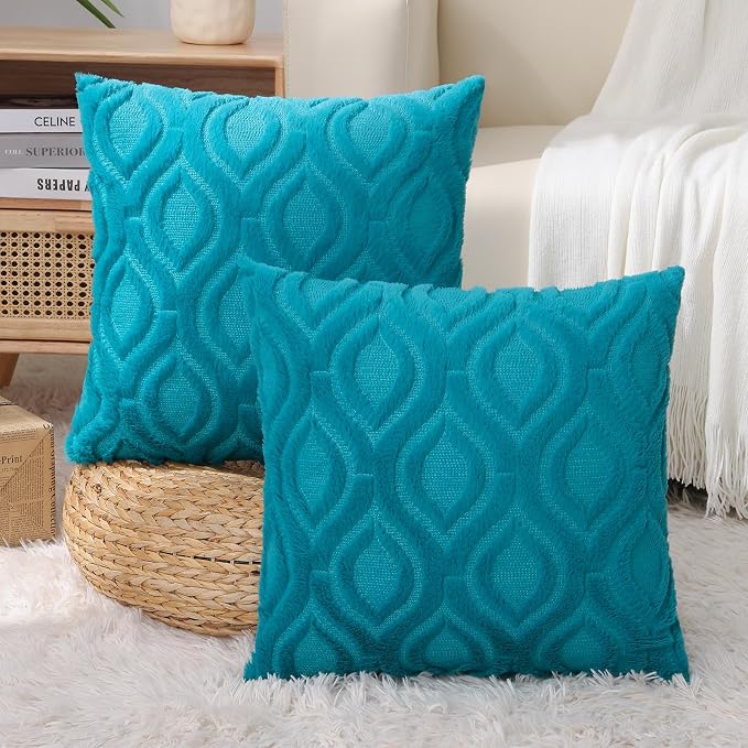 decorUhome Faux Fur Plush Soft Teal Throw Pillow Covers 26x26 Set of 2 | Plush Solid Fall Couch Pillow Covers, Accent Modern Farmhouse Neutral Decorative Square Pillow Cases for Sofa Bed Living Room