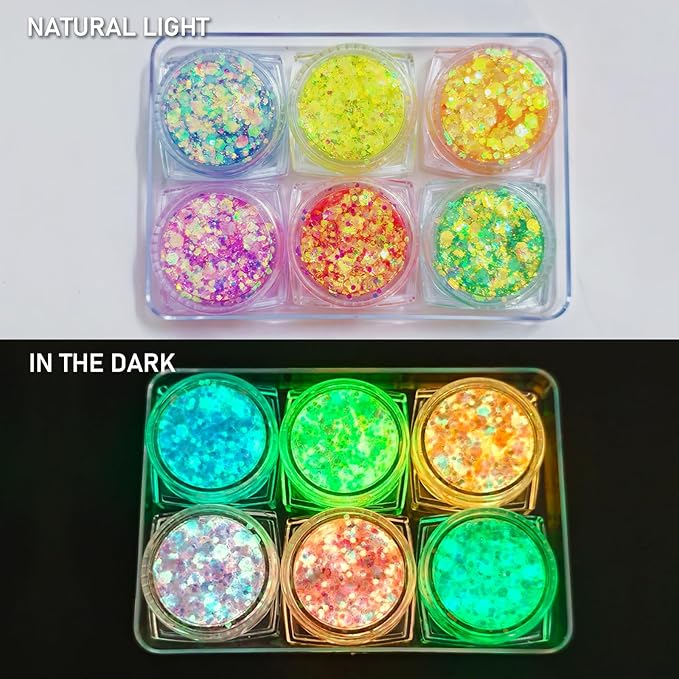6 Colors Glow Body Glitter Gel, Glow in The Dark Hair Face Glitter Gel, Rave Accessories for Festivals Carnival UV Black Light Party