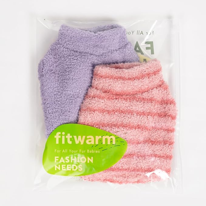 Fitwarm 2 Pack Striped Fleece Dog Sweater, Warm Winter Clothes for Small Dogs Boy Girl, Fuzzy Pet Outfit, Pink, Lavender Purple, XXL