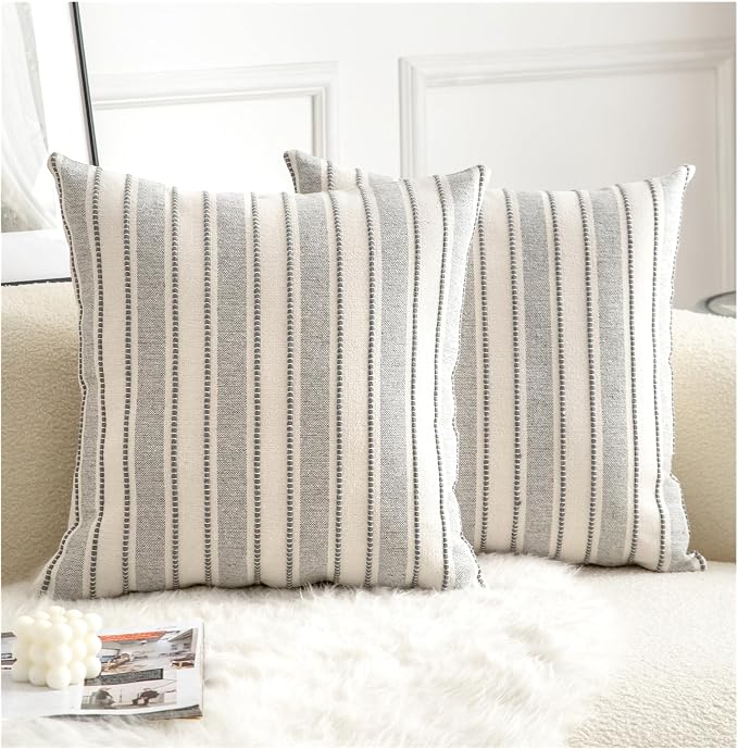 Cethom Decorative Boho Throw Pillow Covers, Farmhouse Textured Pillow Case, 22 x 22 Inch Set of 2, Chair Sofa Bedroom Living Room Home Decor Couch Cushion Case, Grey and Beige Striped
