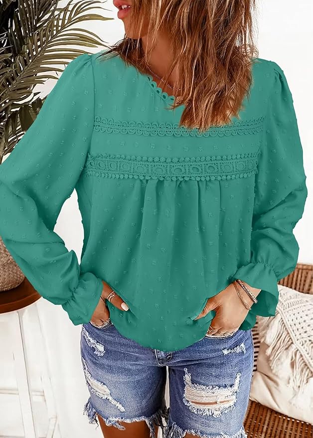 Womens Boho Tops Long Sleeve Shirts For Women Cute Crewneck Blouse Dressy Casual Swiss Dot Crochet Hollow Top 2026