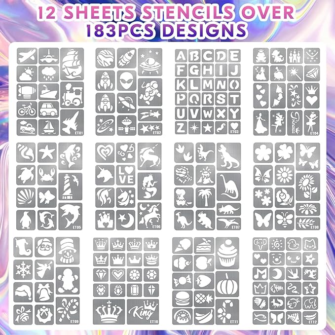Temporary Tattoo Markers for Skin, 12 Metallic Body Markers + 183PCS Tattoo Stencils for Kids Adults Women Men Body Face Painting Marker Set, Cosmetic Tattoos Pens for School Show Party Christmas Gift