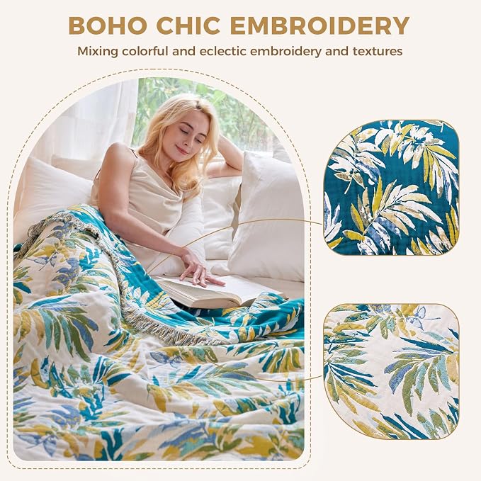 LUTBM Boho Throw Blanket for Couch 50"x60", Cotton Decorative Bed Throws | Reversible Leaves Jacquard, All-Season Lightweight Soft Blanket, For Chair Sofa Bedroom Living Room Decor, Home Accent Gift