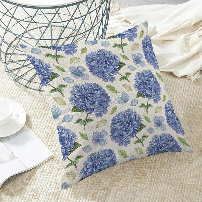 AEIOAE Spring Floral Pillow Covers 18x18 Inch Set of 2, Blue Green Hydrangea Flower Leaves Throw Pillows Case,Summer Outdoor Seasonal Decorative Farmhouse Decor Cushion Covers for Home Sofa Bed Couch