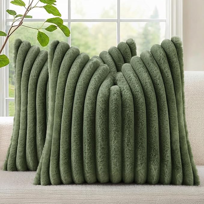 decorUhome Fall Faux Fur Throw Pillow Covers 16x16 Set of 2 Olive Green | Decorative Soft Cozy Striped Plush Modern Farmhouse Boho Couch Pillow Cases Velvet Back for Sofa Bed Living Room Home Decor