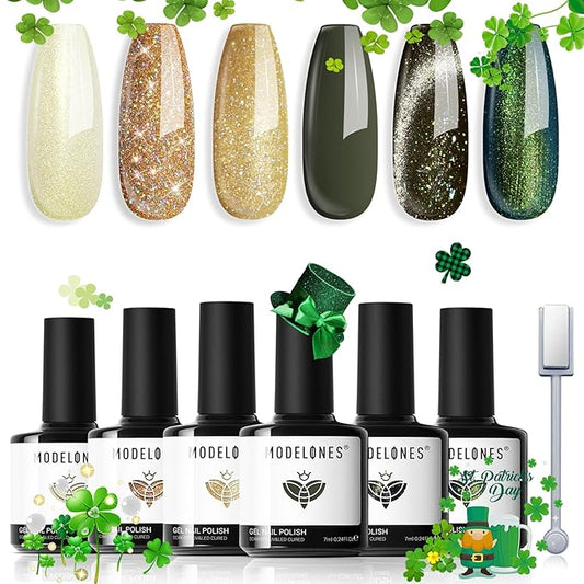 Modelones Gel Nail Polish Set, 6 Colors 2026 St Patricks Spring Green Gold Yellow Sparkle Reflective Glitter Gel Polish Dark Green 9D Cat Eye Nail polish with Magnet Soak Off LED Nail Art Kit DIY Gift