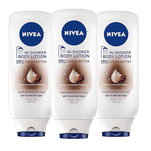 NIVEA Cocoa Butter In Shower Lotion, Water Activated In Shower Moisturizer for Dry Skin to Very Dry Skin, 13.5 FL OZ, Pack of 3