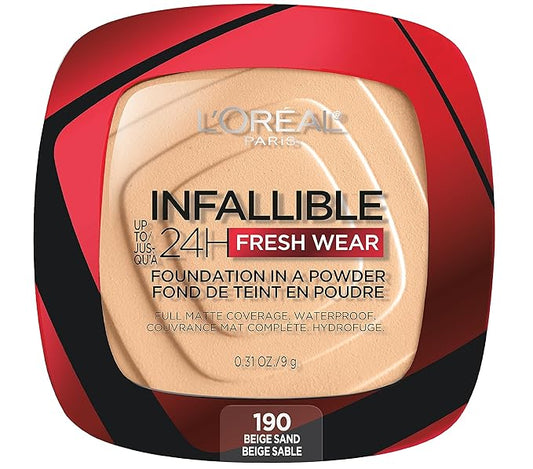 L'Oreal Paris Makeup Infallible Fresh Wear Foundation in a Powder, Up to 24H Wear, Waterproof, Beige Sand, 0.31 oz.