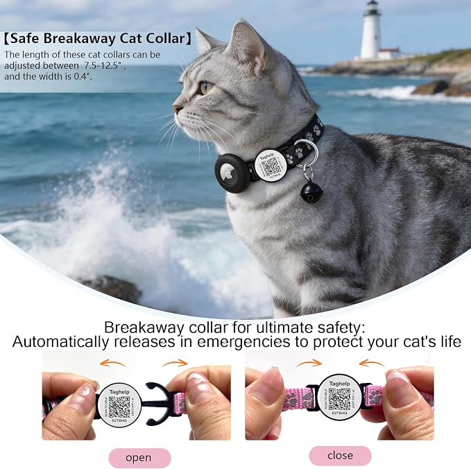 2 Pack Airtag Cat Collar, Breakaway Cat Airtag with Smart ID tag & QR Code Reflective (Star Moon & Paw Pattern - Black, with Integrated AirTag Holder)
