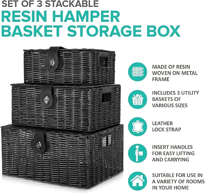 Set of 3 Woven Wicker Storage Basket Box with Lids & Lock, Built-in Carry Handles, Multifunctional Storage Organizer for Nursery, Baby, Clothes, Toys, Books, Large/Medium/Small Size (Black)
