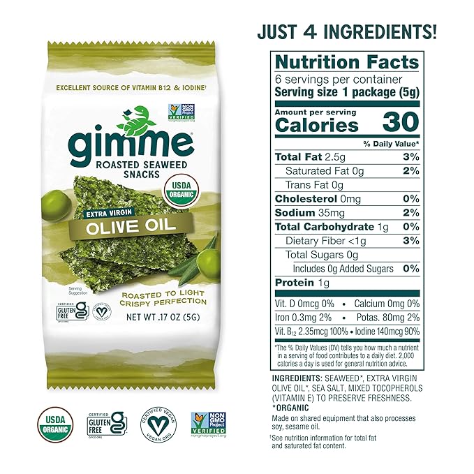 Gimme Seaweed Organic Premium Roasted Seaweed Snacks, Extra Virgin Olive Oil, 6 Count, Keto, Vegan, Gluten-Free, Great Source of Omega3s and Iodine, Healthy On-The-Go Snack for Kids and Adults