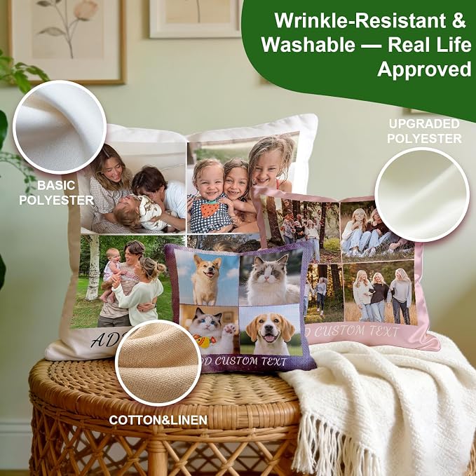 Bemaystar Custom Pillow with Picture & Text, Ships Next Day, Made in USA - Personalized Pillowcover- Love Keepsake, Customized Gifts, Mothers Day Decorative Throw Pillow(No Insert)-4photos