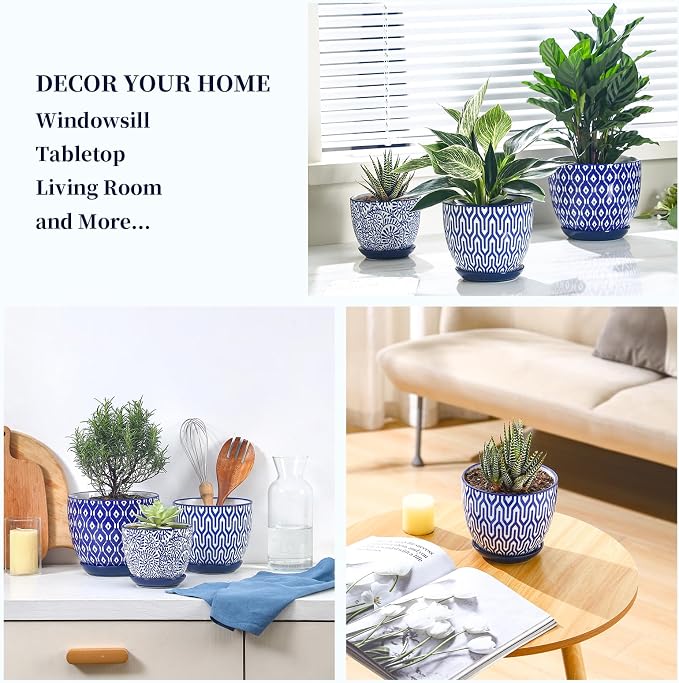 Selamica Ceramic Plant Pots, 4.6+5.6+6.5 Inch Planters with Drainage Holes & Saucer, Flower Pots for Indoor Plants, Home Decor, Set of 3, Vintage Blue