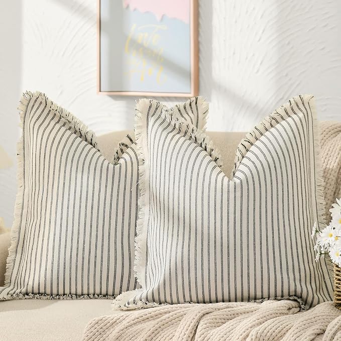 Throw Pillow Covers 18x18 Set of 2 Striped Pillow Covers with Fringe Chic Cotton Decorative Pillows Square Cushion Covers for Sofa Couch Bed Living Room Farmhouse Decor, (Black)
