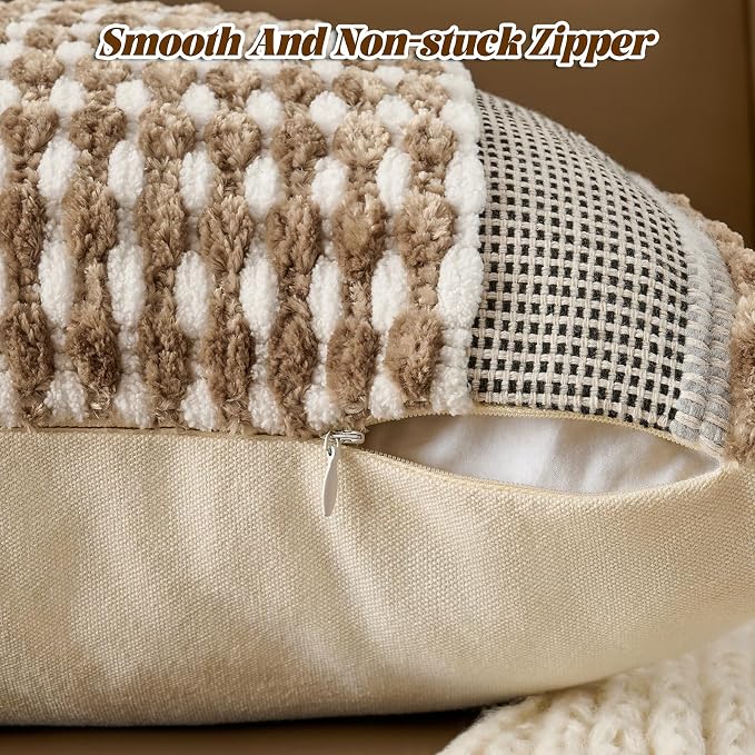 Set of 2 Chenille Striped Textured Boho Throw Pillow Covers Aesthetic with Tassels Woven Decorative Pillow Case for Couch Bed Sofa Bedroom Modern Funky 18 x 18-Inch Taos Taupe