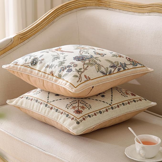 Designer Linen Throw Pillow Cover,Set of 2,18"x18"-Cornucopia B | Elegant French Square Pillow Cover,Concealed Zipper Design,Floral Pattern,Sofas,Bedroom,Living Room,Lounge Chairs