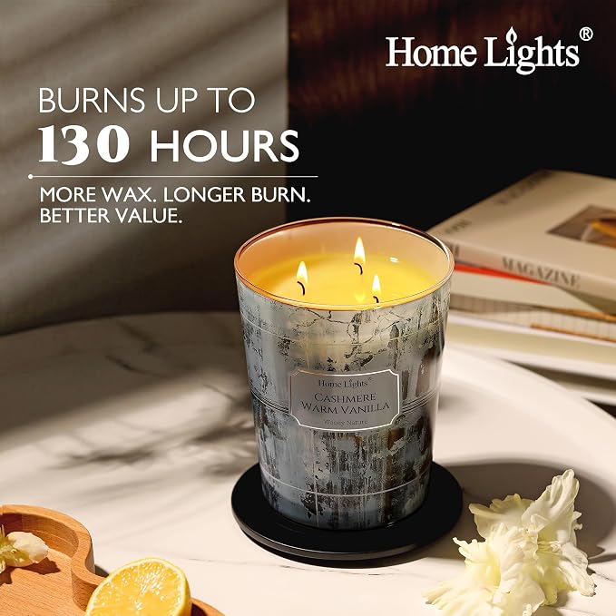 HomeLights Scented Candles for Women & Men, 34oz Candle Jars Aromatherapy 3-Wick Candle, Ideal for Industrial Chic Home Decor and Gifts, Cashmere Warm Vanilla