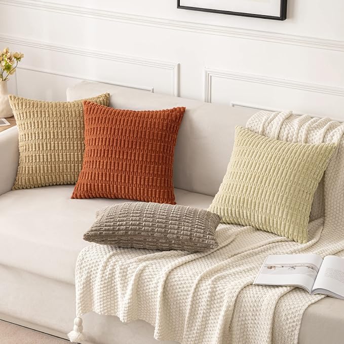 MIULEE Corduroy Decorative Throw Pillow Covers 20x20 Khaki Pack of 2 | Soft Boho Striped Pillow Covers Modern Farmhouse Fall Home Decor For Sofa Living Room Couch Bed