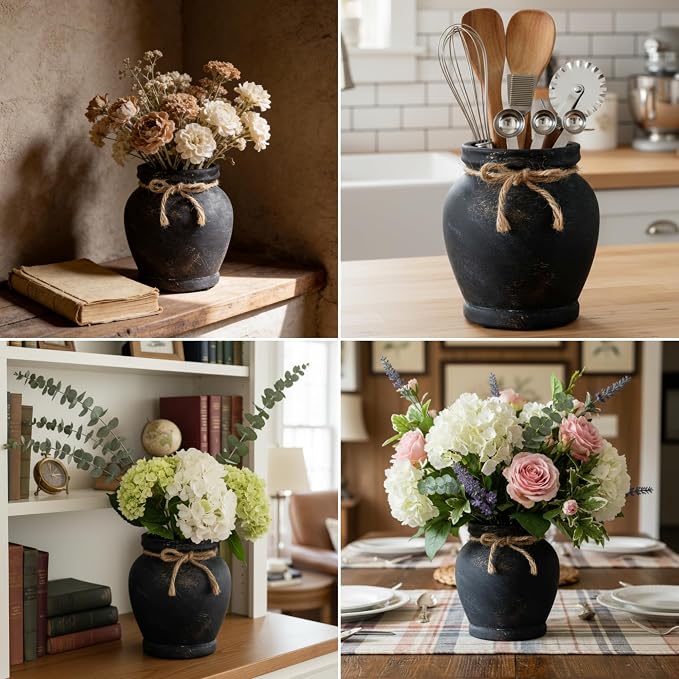 Lvases 6.5in Black Ceramic Vase Distressed Matte Modern Farmhouse Decor | Handcrafted distressed black ceramic vase with jute rope bow, small table centerpiece for living room kitchen and dining
