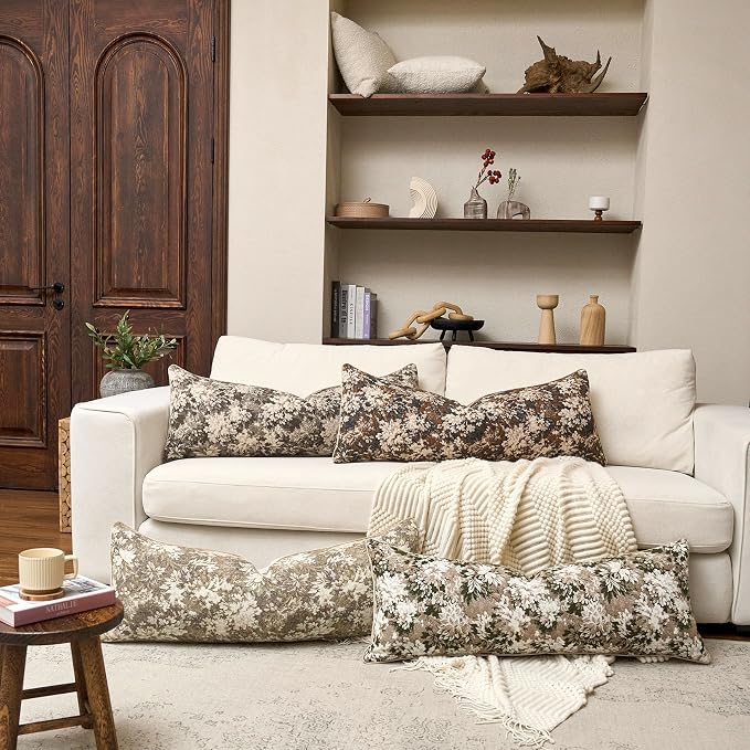 Neutral Floral Pillow Cover 14 x 36 Inches, Vintage Chenille Accent Throw Pillow Cover Soft Decorative Farmhouse Accent Couch Pillow Cover for Living Room Bedroom, Beige