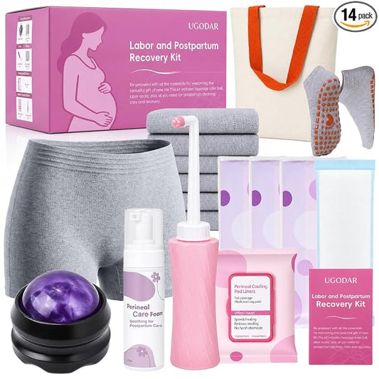 Postpartum Essentials Kit, Postpartum Recovery Set with Peri Bottle, Ice Pads, Perineal Care Foam, Cooling Pad Liners, Disposable Underwear, Labor Socks & Massage Roller,Labor Delivery Gift for Women