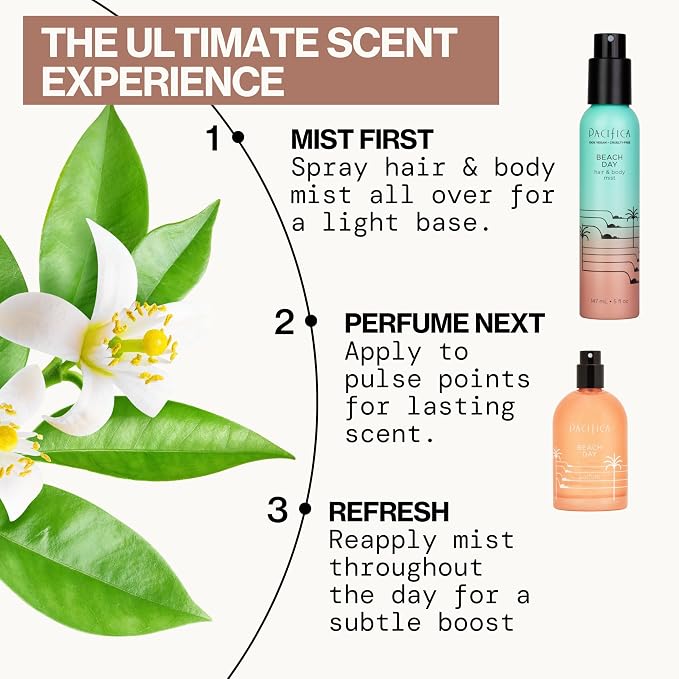 Pacifica Beach Day Hair Mist Perfume & Full Body Spray for Women - Body Mist Fragrance w/Bergamot, Orange Flower, Sandalwood, Amber, Musk & Suede Leather – Clean Beauty Alcohol-Free, Vegan 5 oz